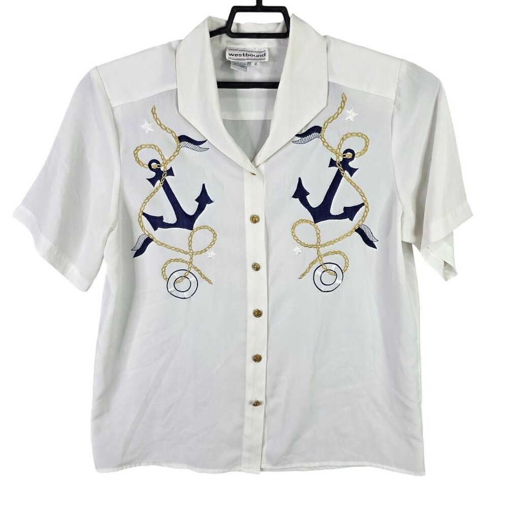Womens Westbound Nautical White Shirt Anchor & Rope Embroidery Button Up Size 12